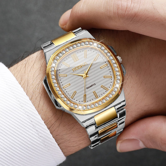 Luxury Rhinestone Men Business Watches Fashion Square Dial Steel Band Male's Quartz Wristwatch Reloj Hombre（Without Box）
