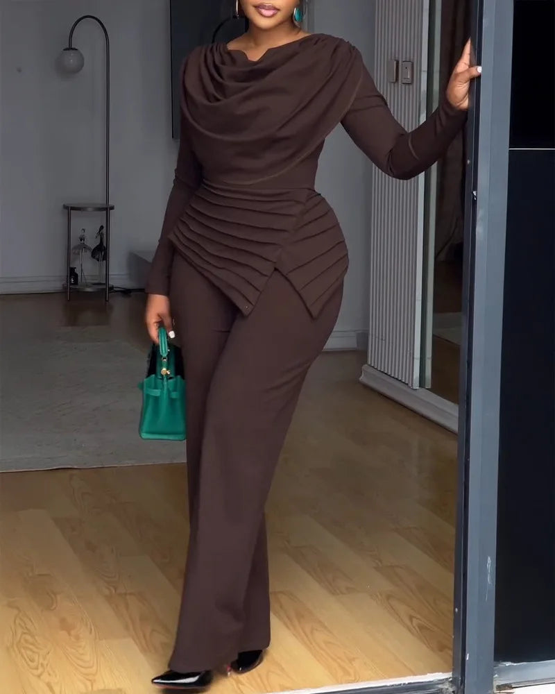 2025 Swing Collar Ruched Jumpsuit Long Sleeve Solid Elegant Office Lady Asymmetric Hem Casual Vintage Ruched Slim Autumn