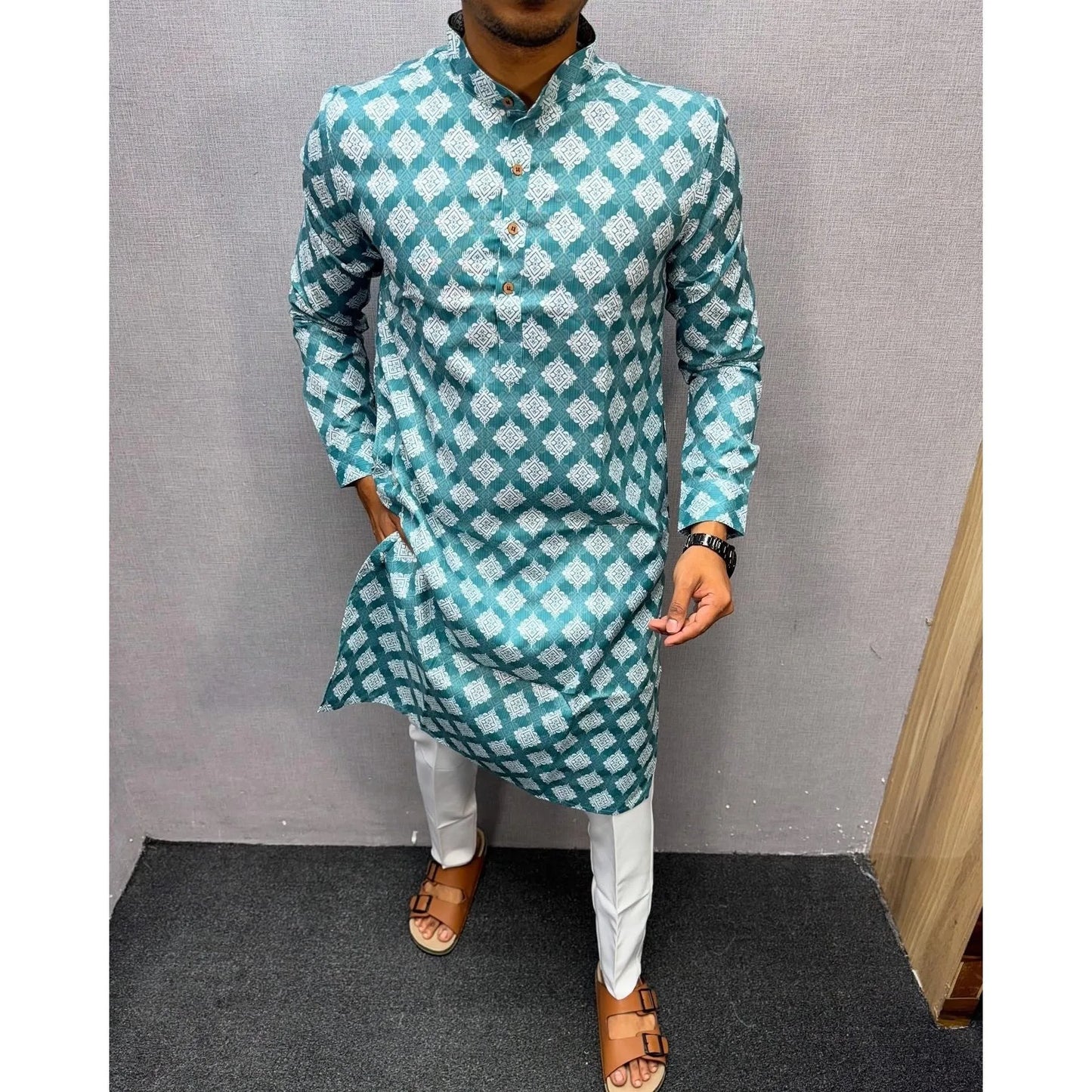 Vardha Regular Fit Kurta Mandarin Collar Long Suitable All Occasions Such Wedding Hari Raya Aidilfitri Prayer Wear Man