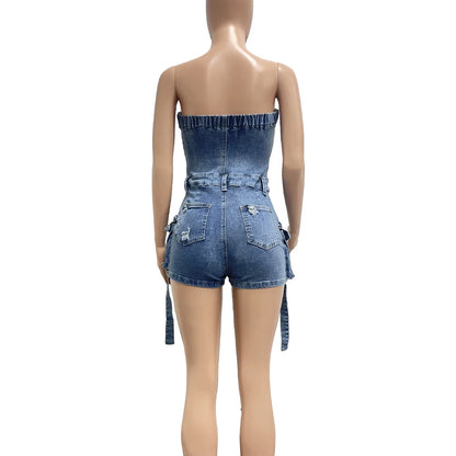 New Arrivals Summer Women Sexy Tube Top Blue Denim Romper Strapless Fashion Wholesale Stretchy Demin Jeans Outfit Woman Jumpsuit