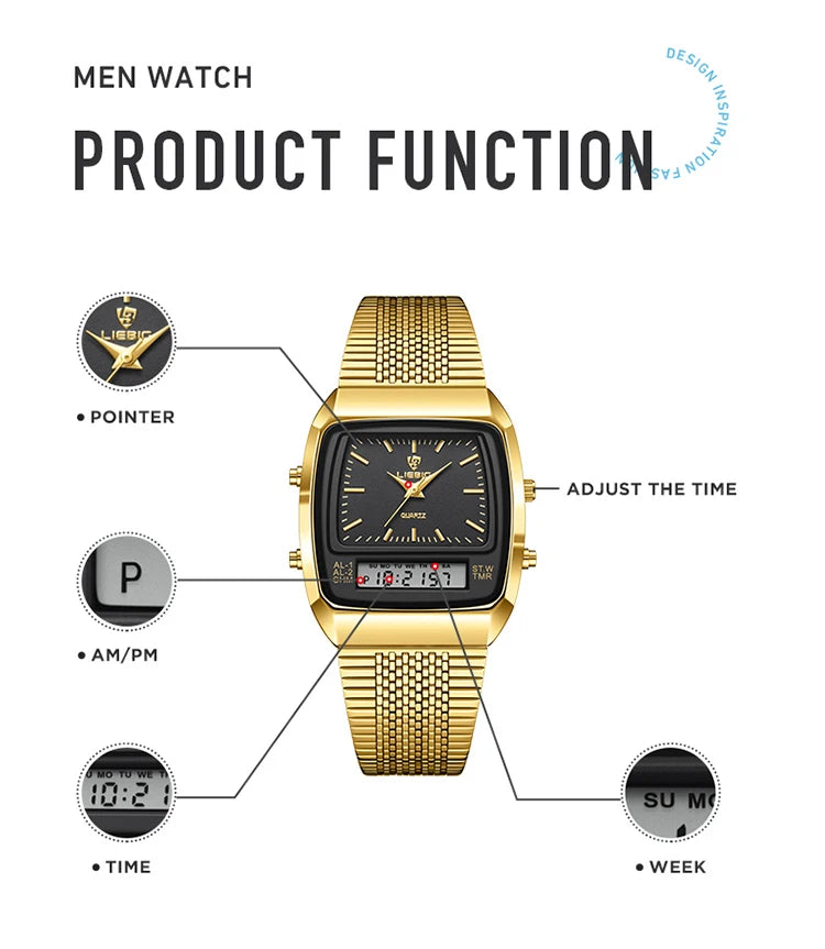 LIEBIG Luxury Dual Display Time Quartz Watches For Men Women Fashion Outdoor Sports Week Waterproof Digital Wristwatches Relojes