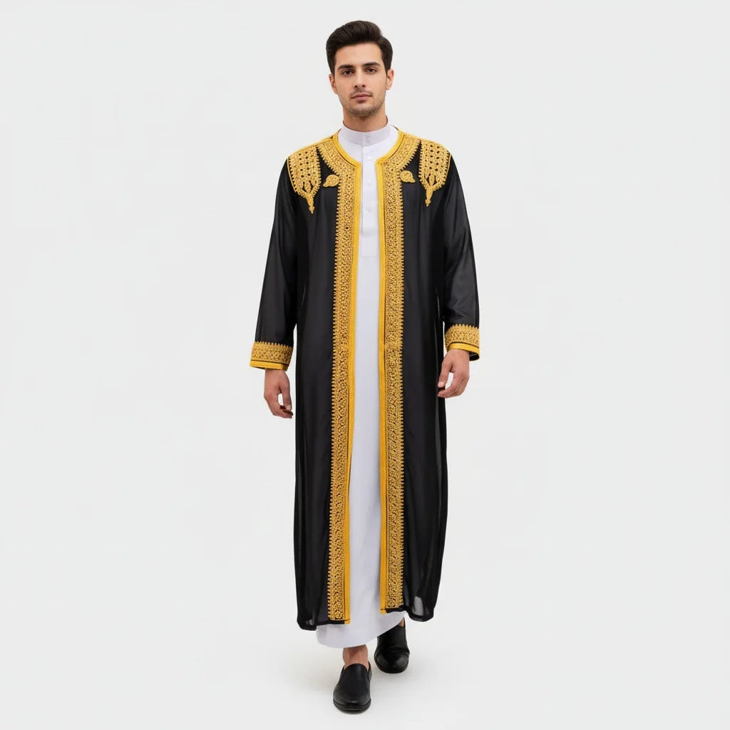 luxury Gold Embroidered Arab Traditional Long Robe Thobe Men's Formal Dress Middle East Ethnic Style Polyester Fiber