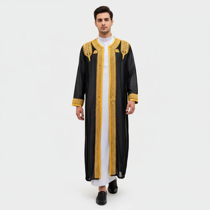 luxury Gold Embroidered Arab Traditional Long Robe Thobe Men's Formal Dress Middle East Ethnic Style Polyester Fiber