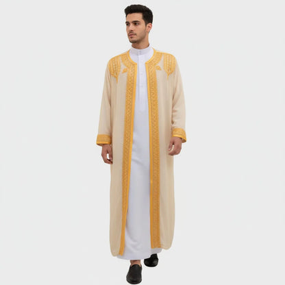 luxury Gold Embroidered Arab Traditional Long Robe Thobe Men's Formal Dress Middle East Ethnic Style Polyester Fiber