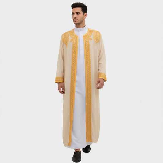 luxury Gold Embroidered Arab Traditional Long Robe Thobe Men's Formal Dress Middle East Ethnic Style Polyester Fiber