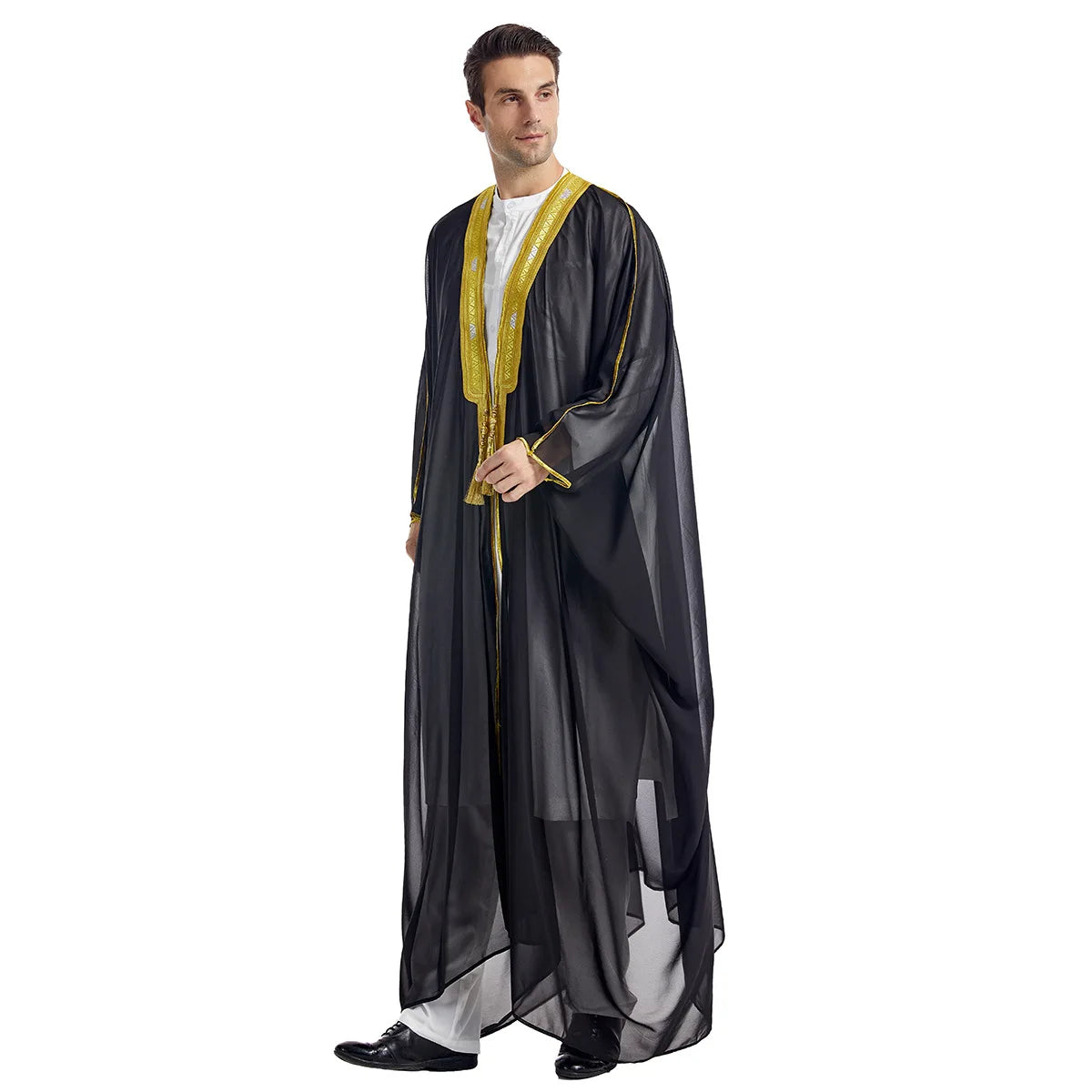 Islamic Men's Embroidered Prayer Robe Moroccan Open Abaya Kimono Eid Al Fitr Traditional Muslim Costume