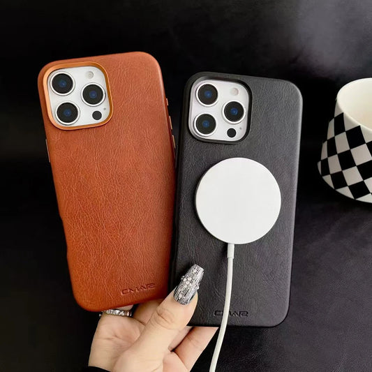 Magnetic Leather Texture for MagSafe Phone Case for IPhone 17 16pro Max 15 14 Pro 13 Wireless Charging Alloy Lens Bumper Cover