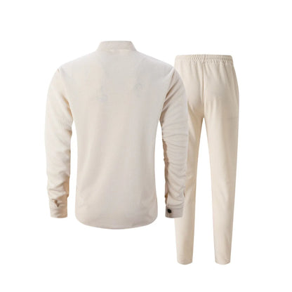 New autumn men's suit, waffle plain-colored long-sleevedshirt with pocket cardigan, stylish men's casual clothing long pants set