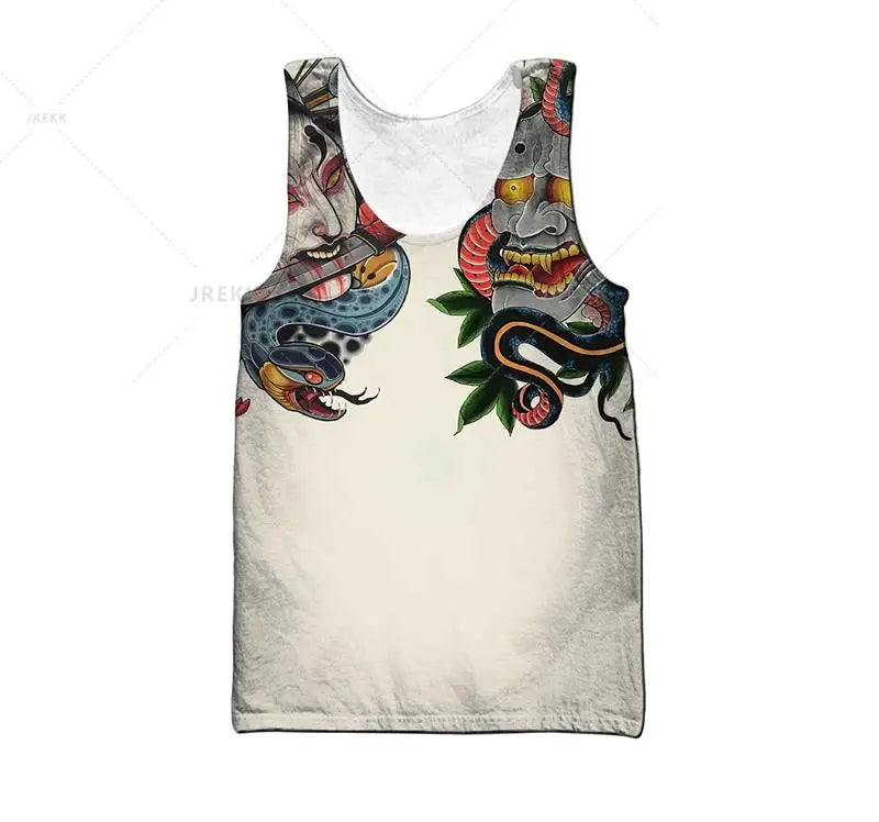 Samurai Oni Mask Tattoo 3D All Over Printed Men vest Summer Harajuku Sleeveless T-shirt Unisex Casual Polyester Tank Tops