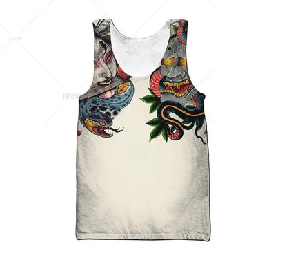 Samurai Oni Mask Tattoo 3D All Over Printed Men vest Summer Harajuku Sleeveless T-shirt Unisex Casual Polyester Tank Tops