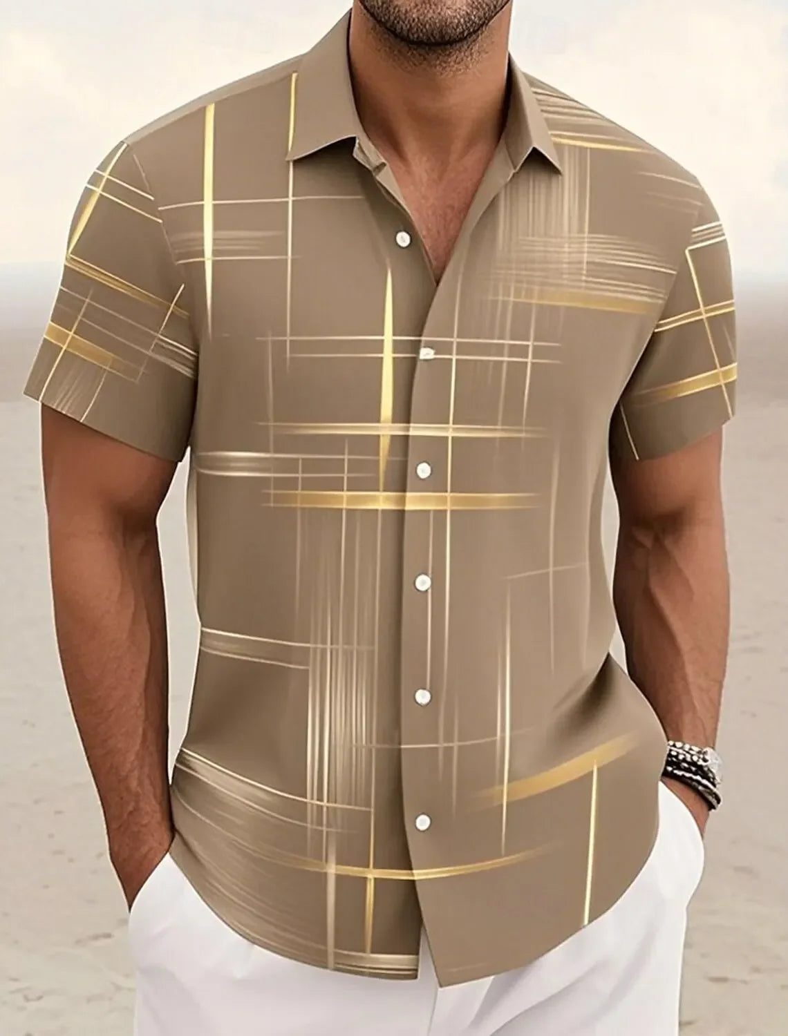 Summer Men's Geometric Grid  Plaid Shirts Short SleeveTurndown Hawaiian Shirt Button Up Shirts No Pockets Shirts