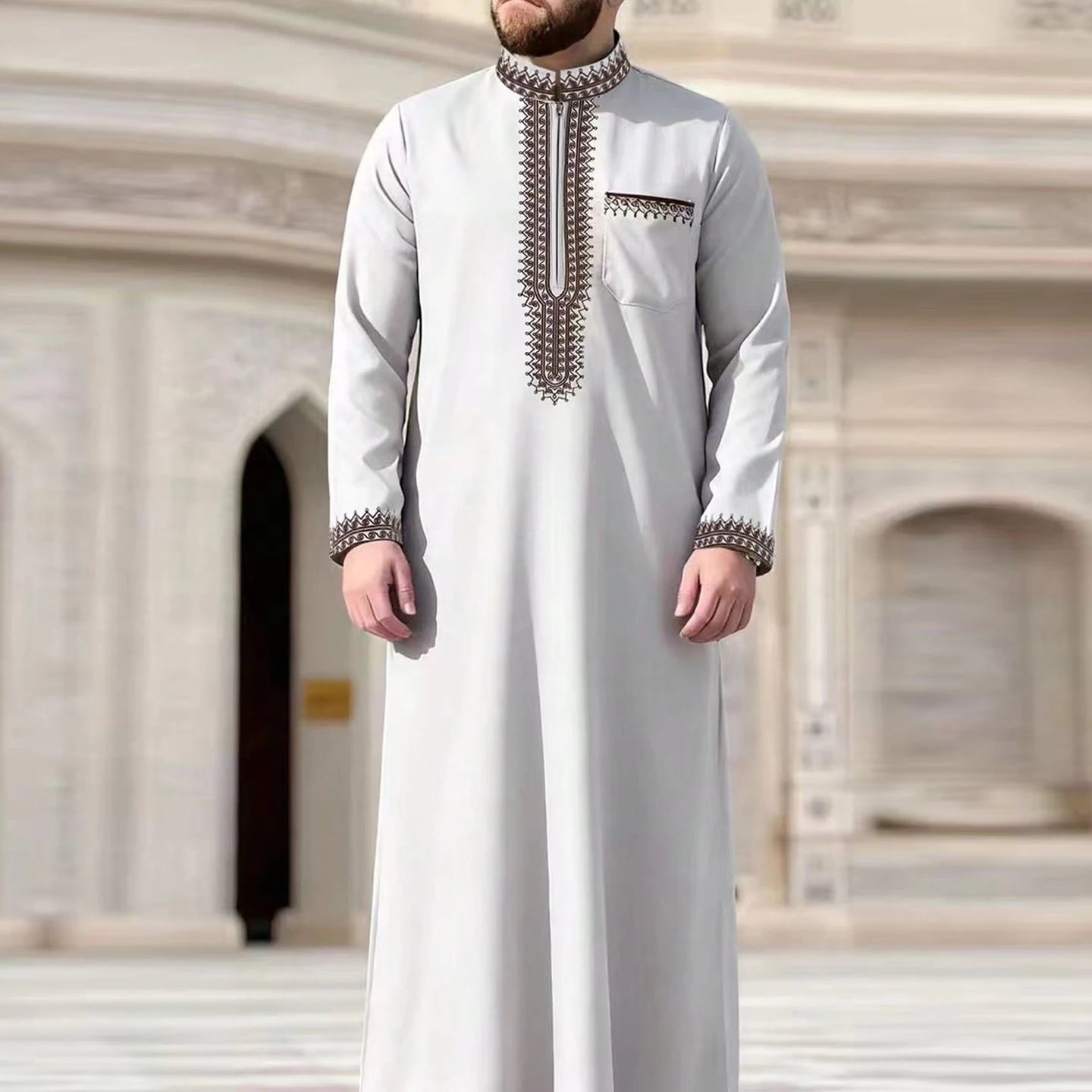 Muslim men's thobe long sleeves embroidered stand-up loose casual Saudi Arabia Islamic men's Abaya parties traditional clothing