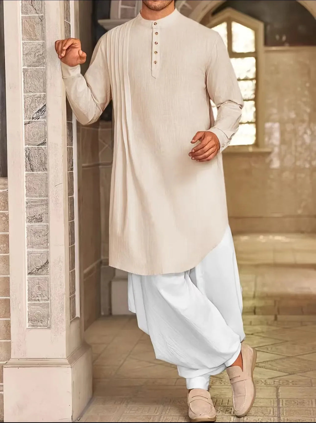 2026 Summer New Muslim Middle East Arab Malaysia Mens Button Cotton Linen Shirt Muslim Robe Long Sleeve Traditional Tops