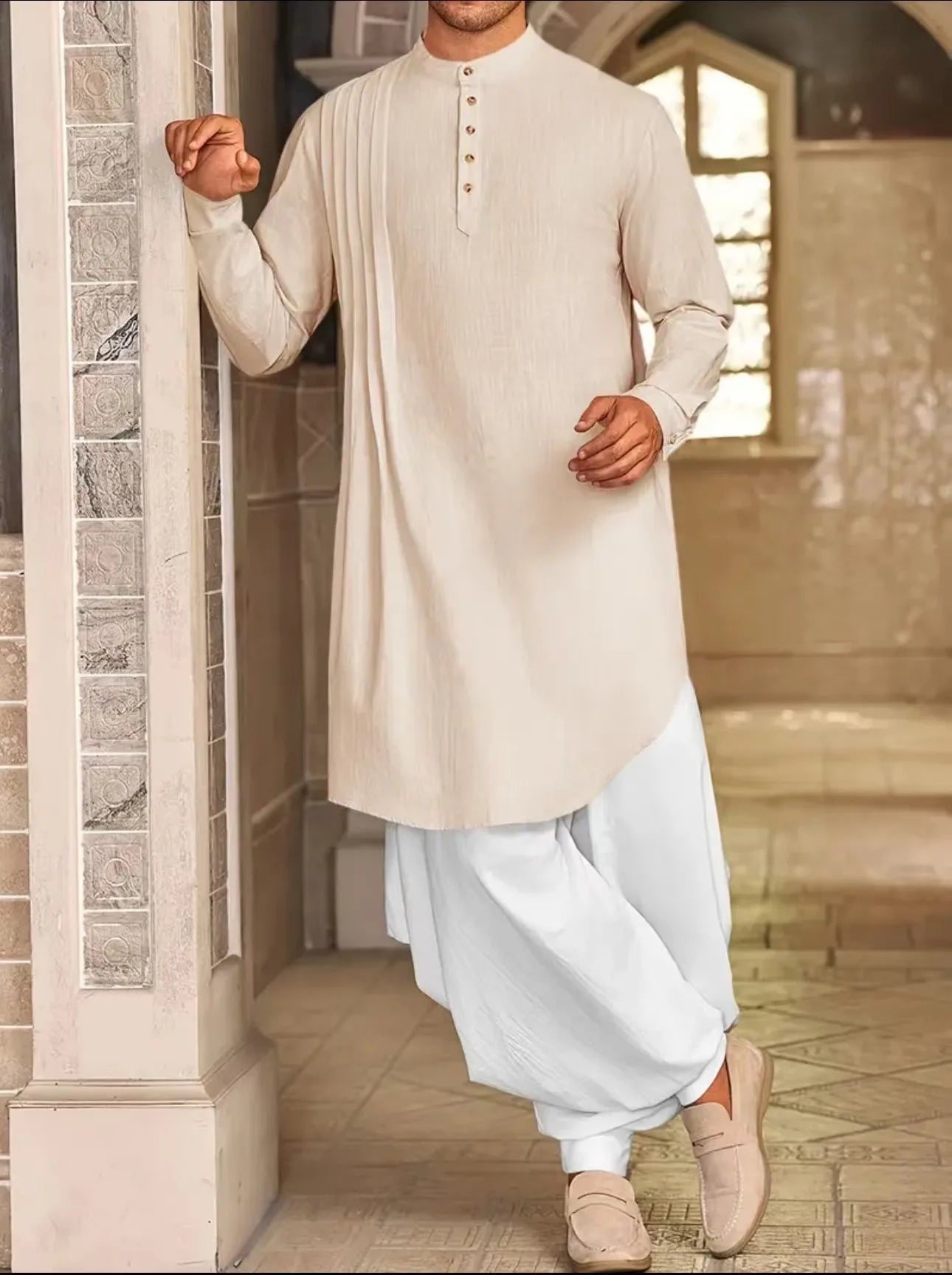 2026 Summer New Muslim Middle East Arab Malaysia Mens Button Cotton Linen Shirt Muslim Robe Long Sleeve Traditional Tops