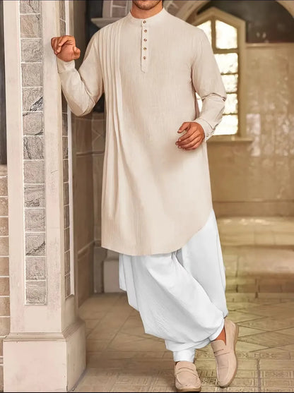 2026 Summer New Muslim Middle East Arab Malaysia Mens Button Cotton Linen Shirt Muslim Robe Long Sleeve Traditional Tops