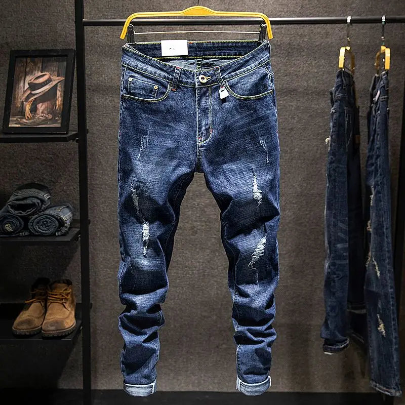 Jean Slim Déchiré Usé Tsingyi – Style Casual, Effet Moustache &amp; Confort Stretch