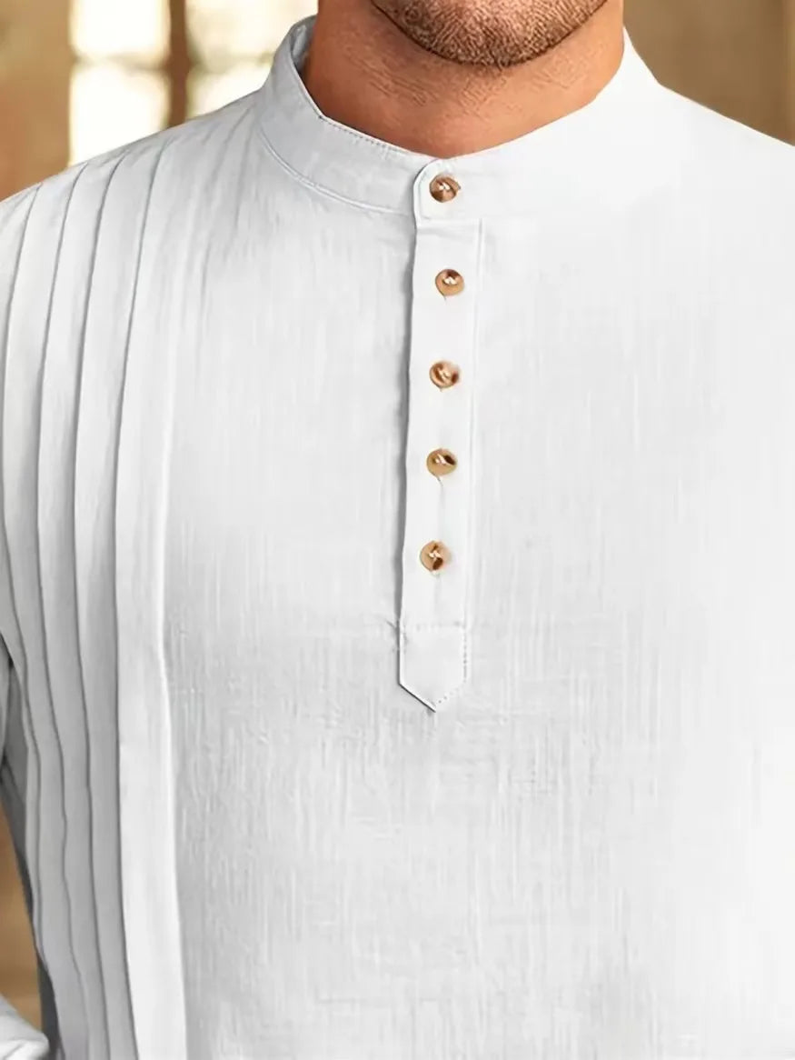 2026 Summer New Muslim Middle East Arab Malaysia Mens Button Cotton Linen Shirt Muslim Robe Long Sleeve Traditional Tops