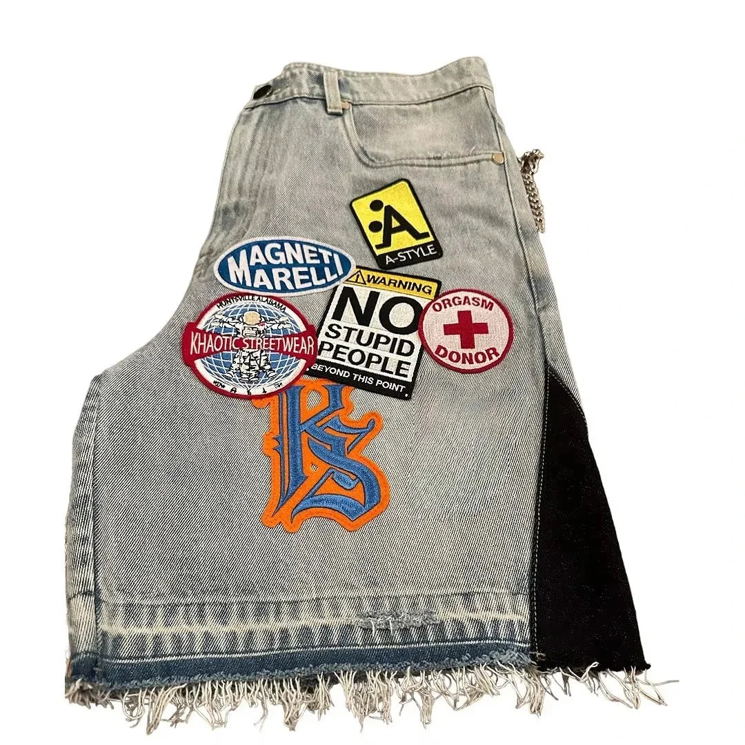 Short Denim Patchwork Cartoon BiggOrange – Style Hip-Hop Y2K, Coupe Loose &amp; Camo Rétro