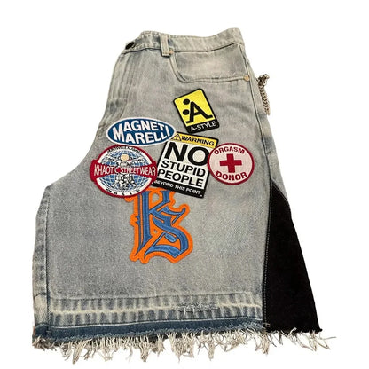 Short Denim Patchwork Cartoon BiggOrange – Style Hip-Hop Y2K, Coupe Loose &amp; Camo Rétro