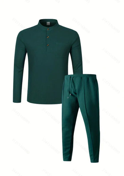 Men's Waffle Check Stand-Up Collar Semi-Casual Business Suit Button-Down Top with Comfortable Trousers have 1/2pieces