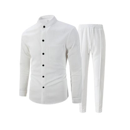 New autumn men's suit, waffle plain-colored long-sleevedshirt with pocket cardigan, stylish men's casual clothing long pants set