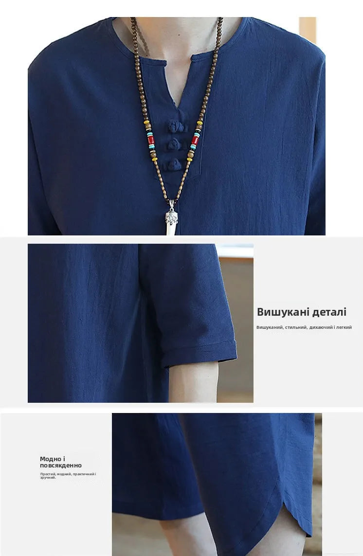 Loose Men's Short Sleeve T-Shirt Set Spring Summer Vintage Retro Tang Costume Hanfu Two-Piece Set Fitness Casual Wear Cotton