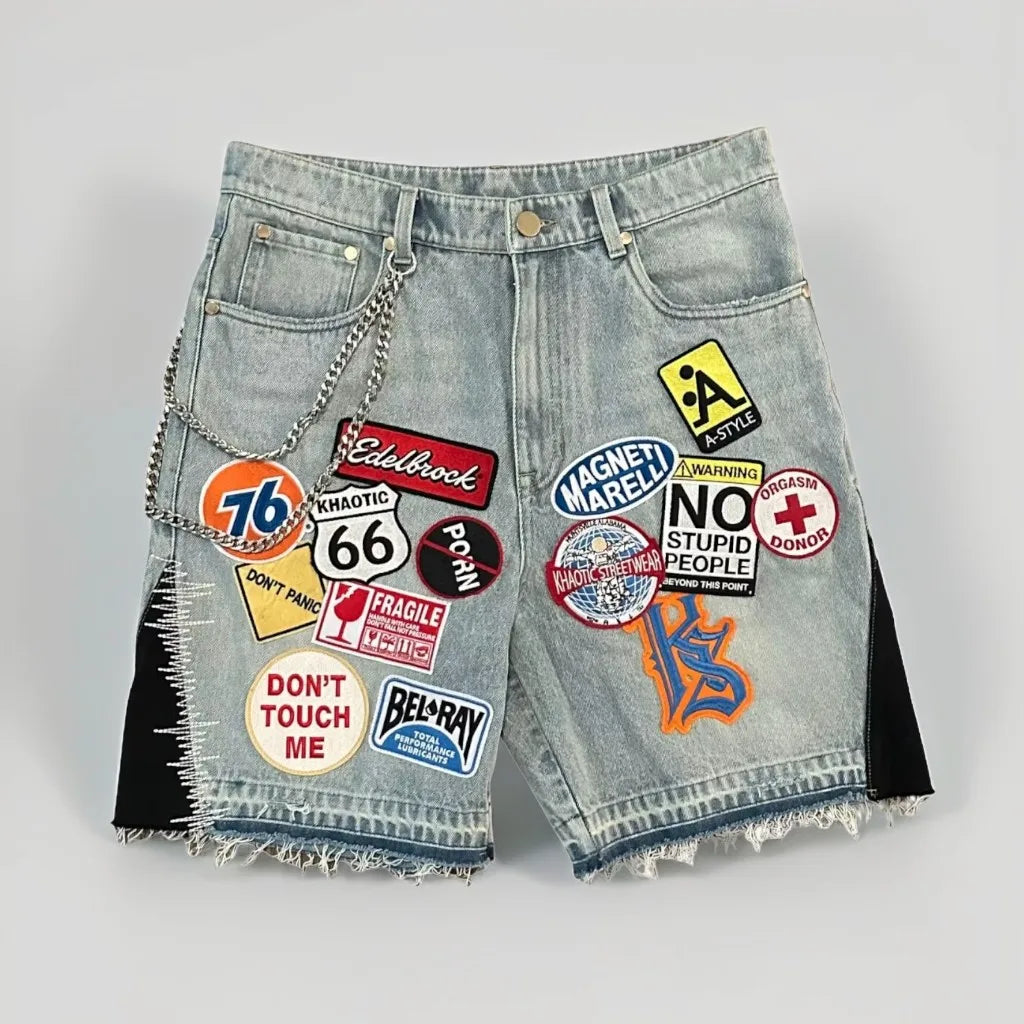 Short Denim Patchwork Cartoon BiggOrange – Style Hip-Hop Y2K, Coupe Loose &amp; Camo Rétro