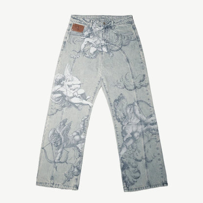 Jean Baggy Y2K "Angel Cupids Arrow" – Style Rétro Américain, Coupe Droite &amp; Denim Stonewashed