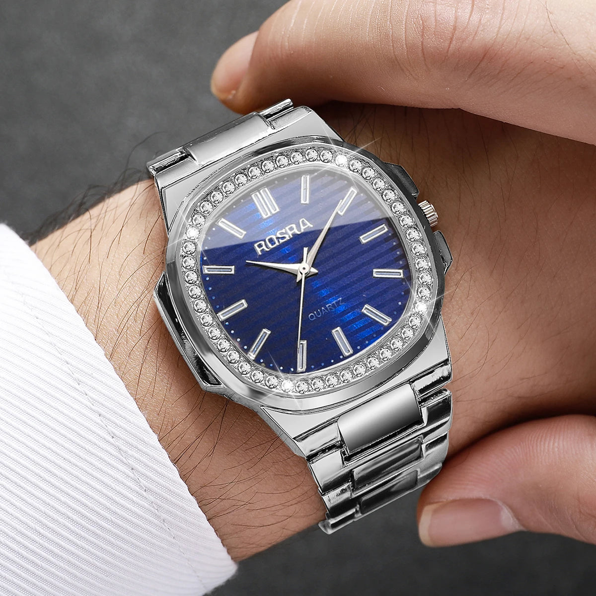 Luxury Rhinestone Men Business Watches Fashion Square Dial Steel Band Male's Quartz Wristwatch Reloj Hombre（Without Box）