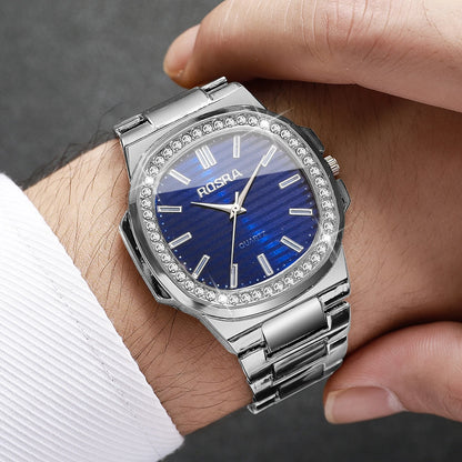 Luxury Rhinestone Men Business Watches Fashion Square Dial Steel Band Male's Quartz Wristwatch Reloj Hombre（Without Box）