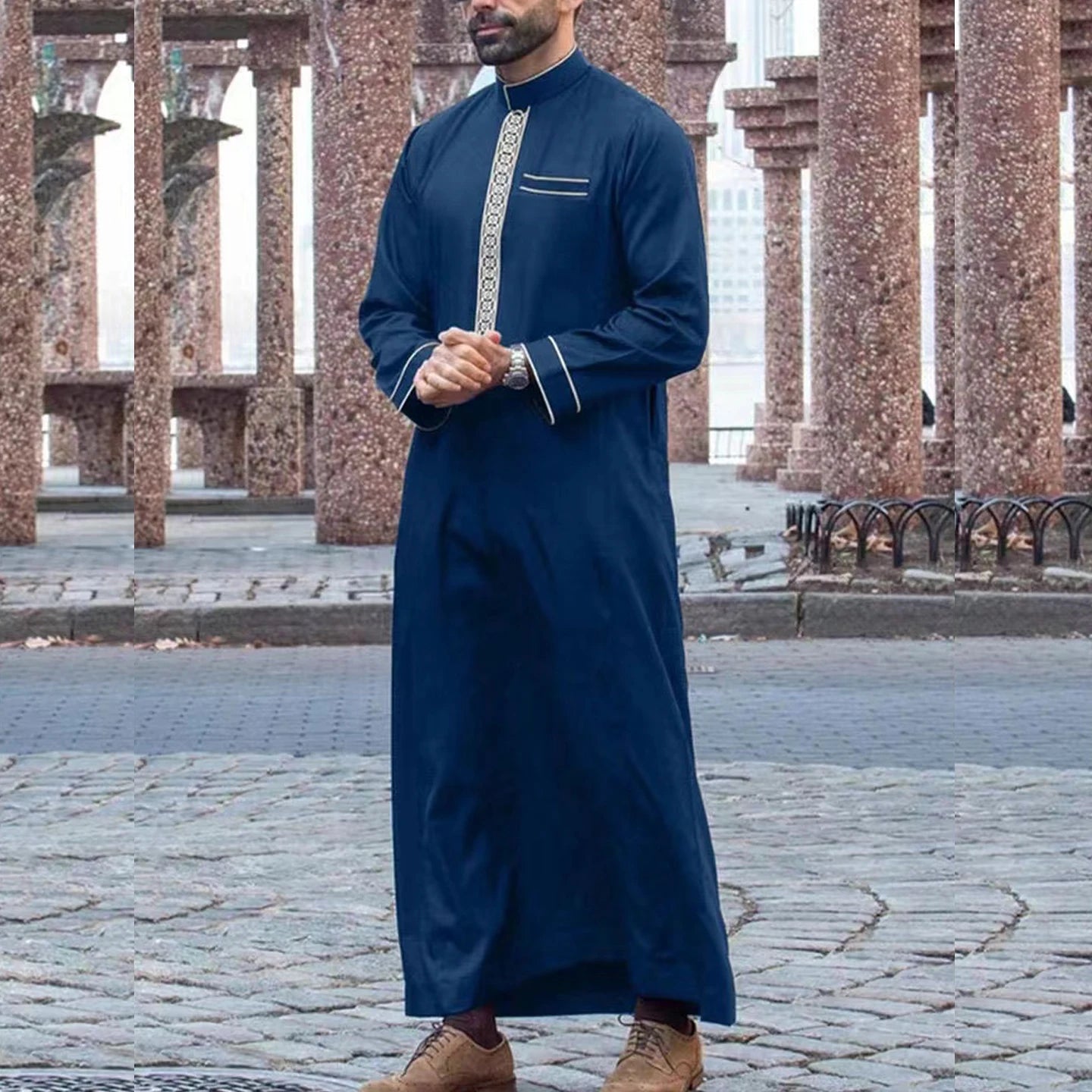 Muslim men's thobe long sleeves embroidered stand-up loose casual Saudi Arabia Islamic men's Abaya parties traditional clothing