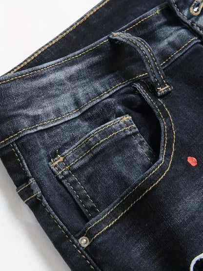 Jean Harem Brodé à Pois LVCCCI'S – Style Casual, Haute Élasticité &amp; Denim Épais