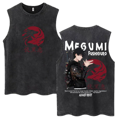 Anime Jujutsu Kaisen Satoru Gojo Vintage Wash Tank Tops Men Women Classic Manga Cotton T Shirt Fashion Loose Sleeveless T-Shirt