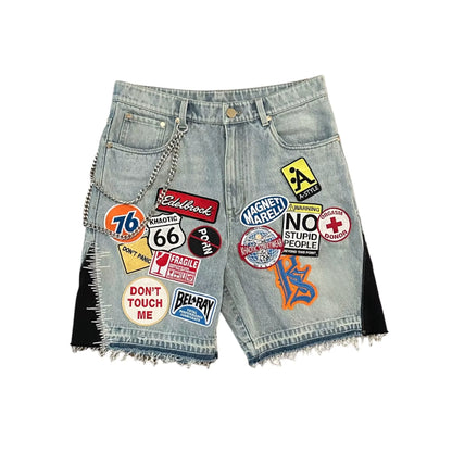 Short Denim Patchwork Cartoon BiggOrange – Style Hip-Hop Y2K, Coupe Loose &amp; Camo Rétro