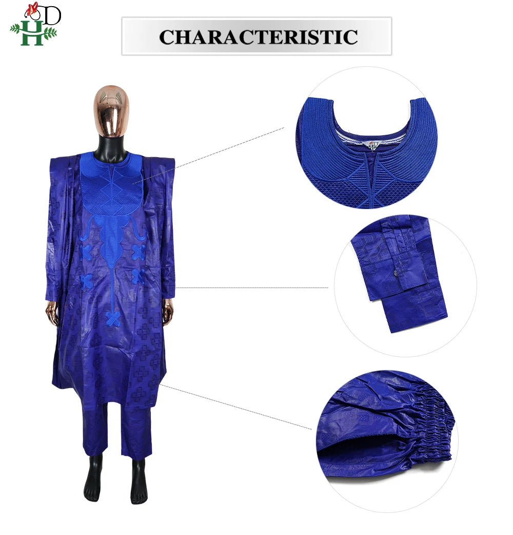 H&D African Clothing Traditional 3PCS Outfit For Man Bazin Riche Agbada Embroidery Wedding Party Plus Size Muslim Men Clothing