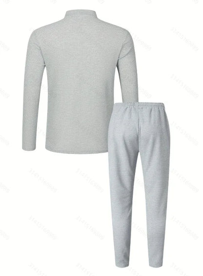 Men's Waffle Check Stand-Up Collar Semi-Casual Business Suit Button-Down Top with Comfortable Trousers have 1/2pieces