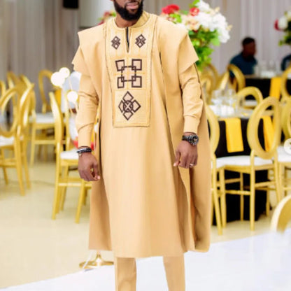 H&D African Clothing Traditional 3PCS Outfit For Man Bazin Riche Agbada Embroidery Wedding Party Plus Size Muslim Men Clothing