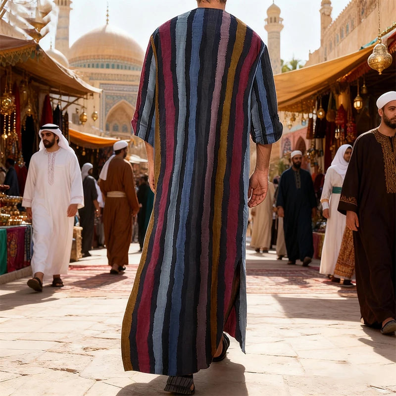 New Men Islam Qamis Muslim Striped Robes Long Sleeve Button-down Arabian Kaftan Suit Middle East Dubai Abaya Summer Man Clothing