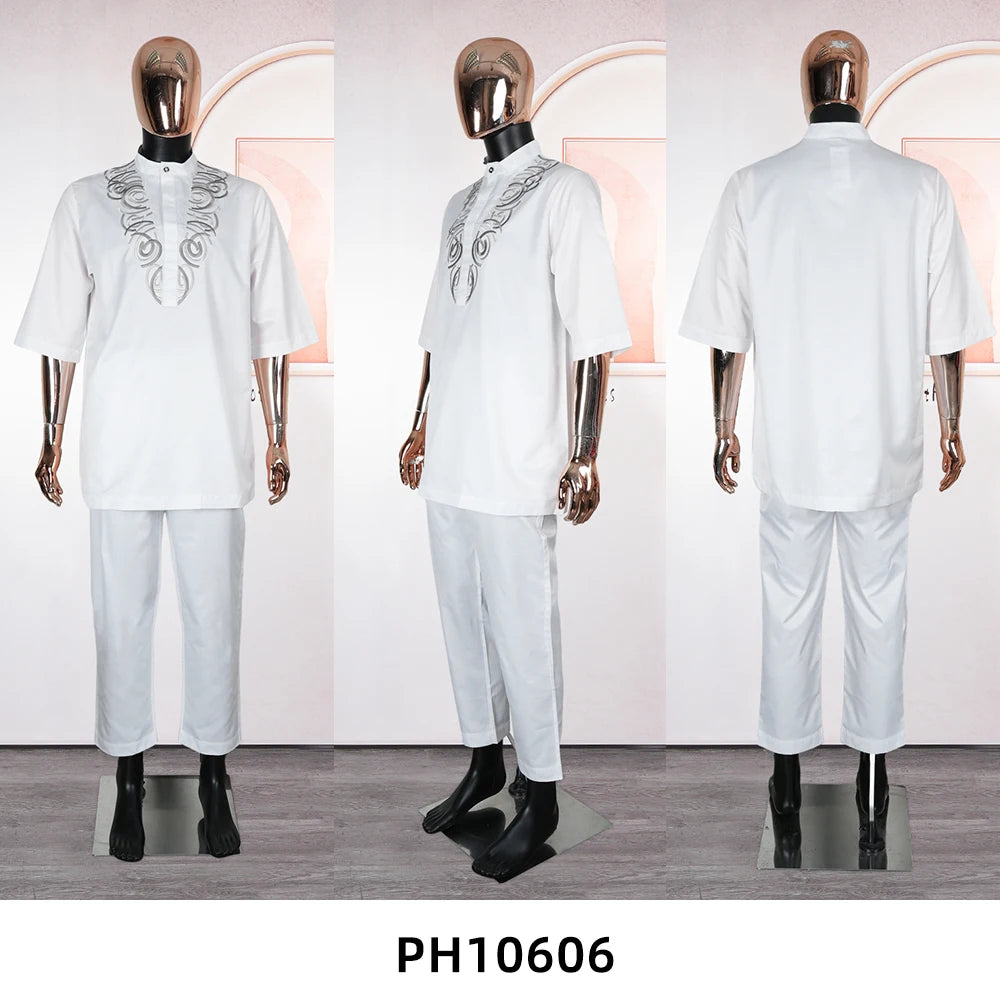 New African Traditional Clothes For Business Men Embroidery Dashiki Robe Shirt and Pants Sets 2 PCS Outfits Wedding Party 2025