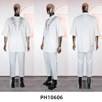 New African Traditional Clothes For Business Men Embroidery Dashiki Robe Shirt and Pants Sets 2 PCS Outfits Wedding Party 2025