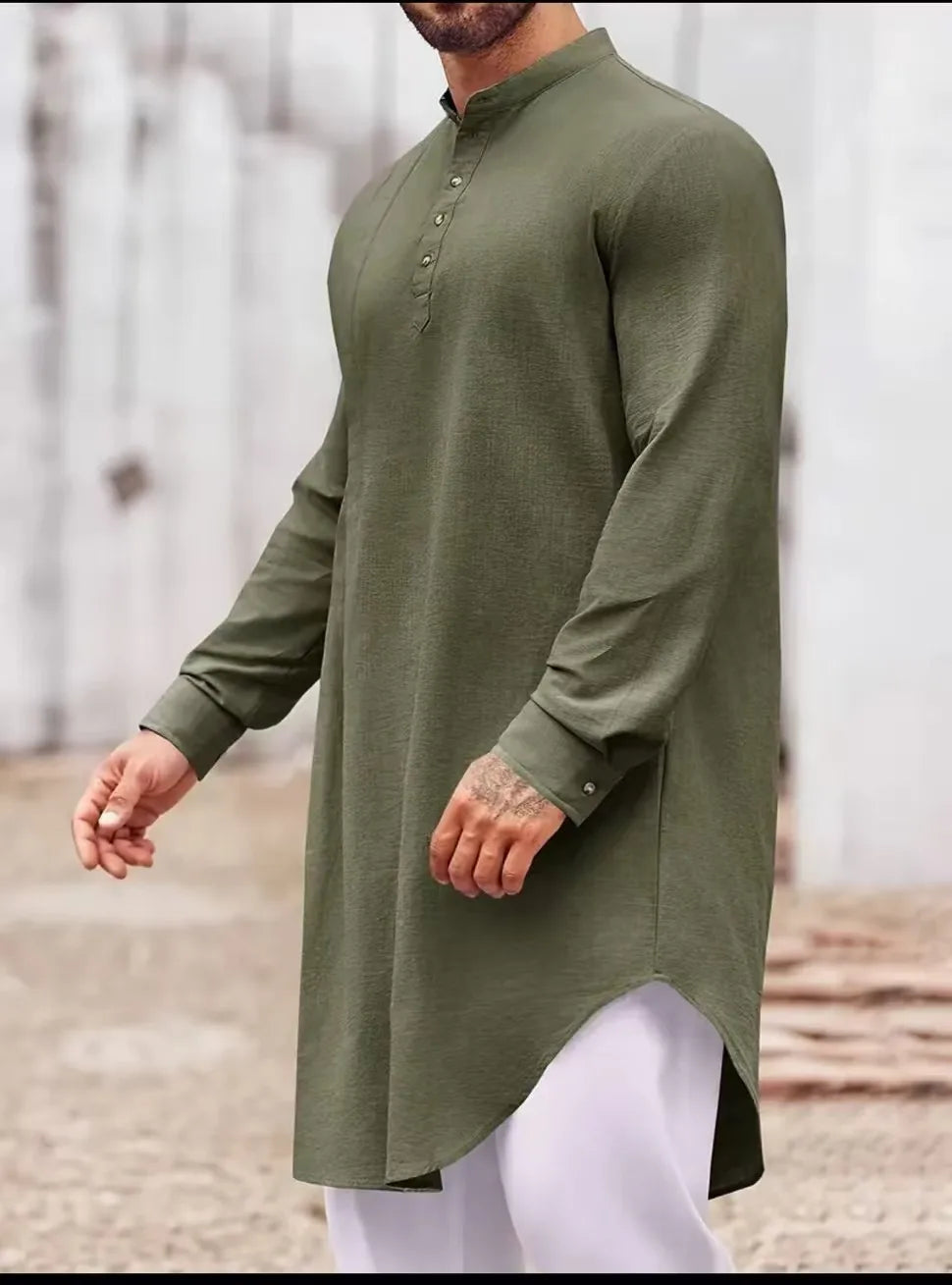 2026 Summer New Muslim Middle East Arab Malaysia Mens Button Cotton Linen Shirt Muslim Robe Long Sleeve Traditional Tops