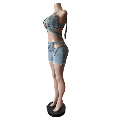 Ensemble 2 pièces Denim – Top Halter & Short Mini – Style Sexy & Club