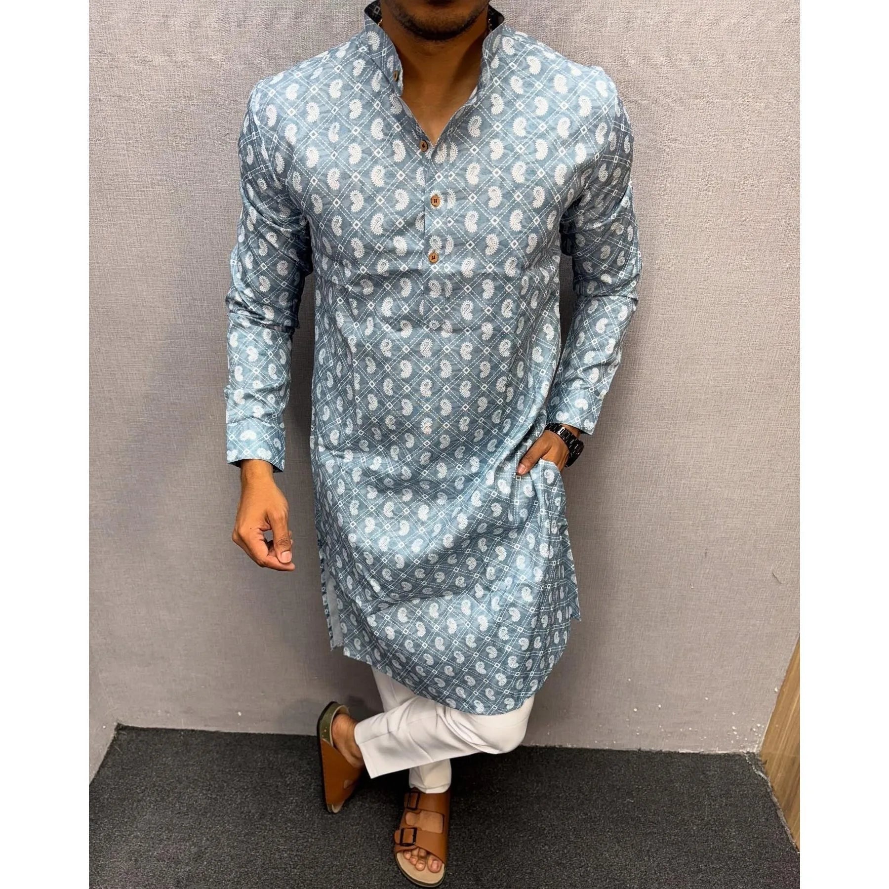 Kurta Vardha Regular Fit Mandarin Collar Long Suitable All Occasions Such Wedding Hari Raya Aidilfitri Gebetskleidung Mann
