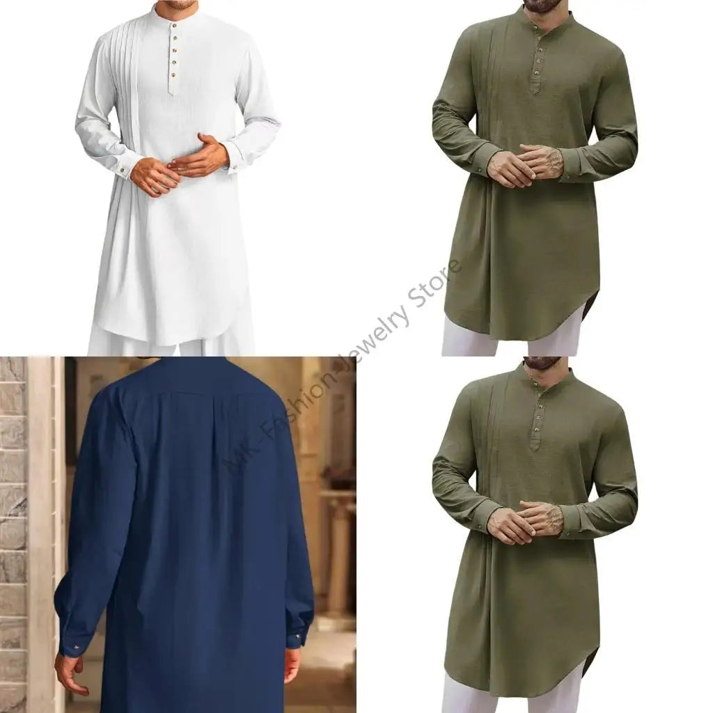 Q6PF Fashion Long Sleeve Men Thobe Ethnic Shirt Ramadans Gown Moroccan Robe