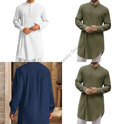 Q6PF Fashion Long Sleeve Men Thobe Ethnic Shirt Ramadans Gown Moroccan Robe