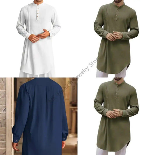 Q6PF Fashion Long Sleeve Men Thobe Ethnic Shirt Ramadans Gown Moroccan Robe