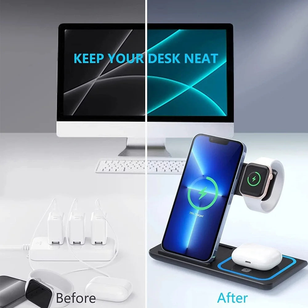 3 in 1 30W Foldable Wireless Charging Station for iPhone 17 16 15 14 13 Pro Max iWatch Ultra Airpods Pro Fast Charger Stand Dock