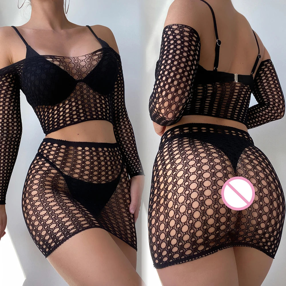 Fishnet Short Dress Sexy Lingerie For Women Wrap Hip Skirt Babydoll Sleepwear Fishnet Short Net Skirt Sexiest Slim Mini Dress