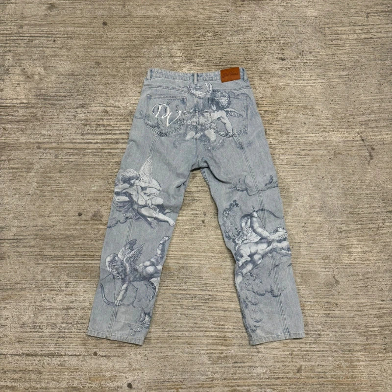 Jean Baggy Y2K "Angel Cupids Arrow" – Style Rétro Américain, Coupe Droite &amp; Denim Stonewashed