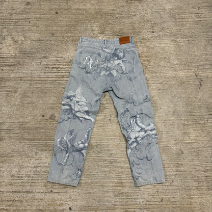 Jean Baggy Y2K "Angel Cupids Arrow" – Style Rétro Américain, Coupe Droite &amp; Denim Stonewashed